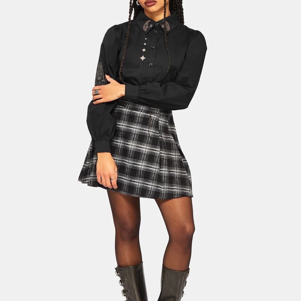 New Dysturbia Ravyn Moon and Star Embroidered Poplin Shirt, Size 8 - Goth - Picture 4 of 5